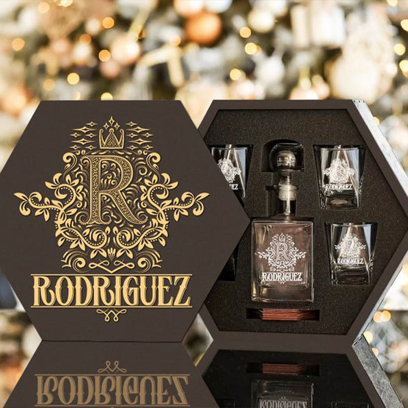 RODRIGUEZ - WHISKEY SET (Wooden box + Decanter + 4 Glasses + 4 Coasters)