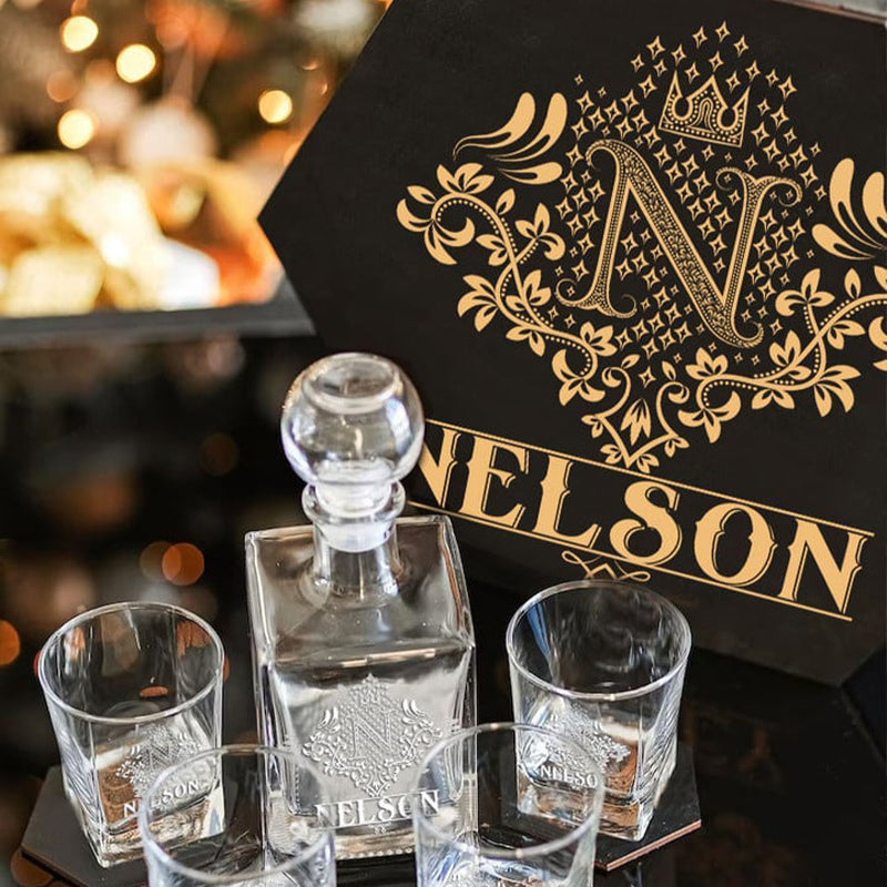 NELSON - WHISKEY SET (Wooden box + Decanter + 4 Glasses + 4 Coasters)