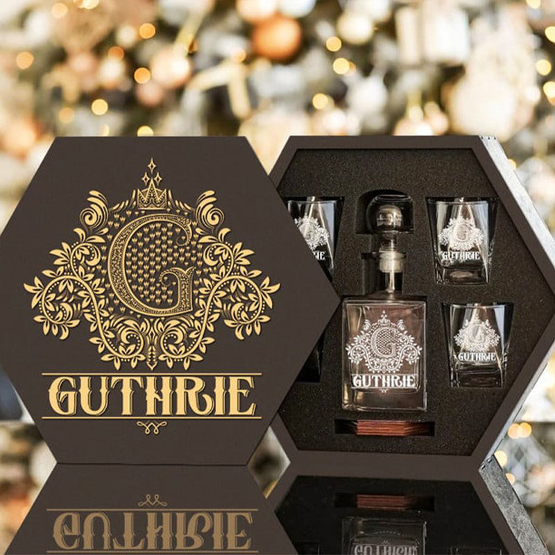 GUTHRIE - WHISKEY SET (Wooden box + Decanter + 4 Glasses + 4 Coasters)