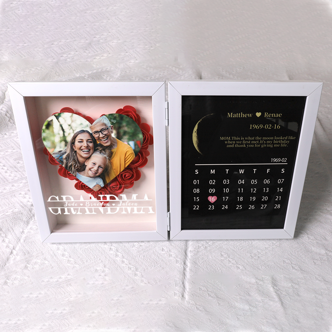 (Mom/Grandma Photo With Name) With REAL MOON PHASE Anniversary Calendar Custom flower frame (Customized free)