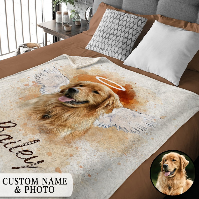 Personalized Pet Memorial Photo Blanket, Pet Loss Gifts, Angel Dog With Wings Blanket