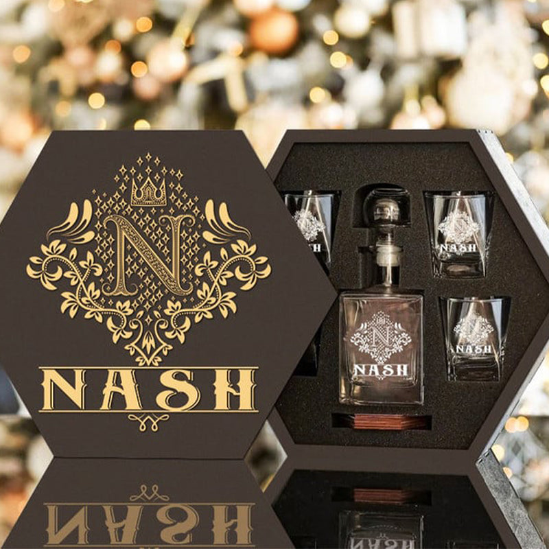 NASH - WHISKEY SET (Wooden box + Decanter + 4 Glasses + 4 Coasters)