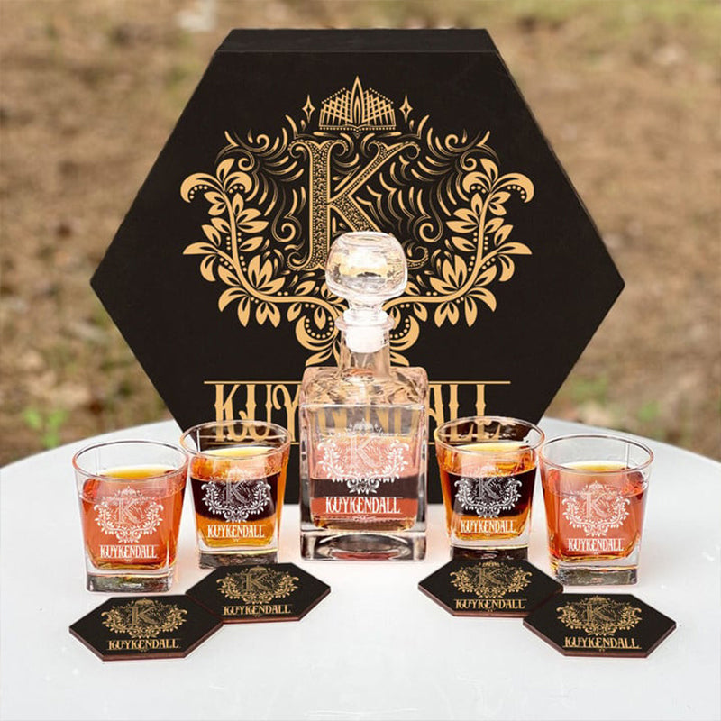 KUYKENDALL - WHISKEY SET (Wooden box + Decanter + 4 Glasses + 4 Coasters)