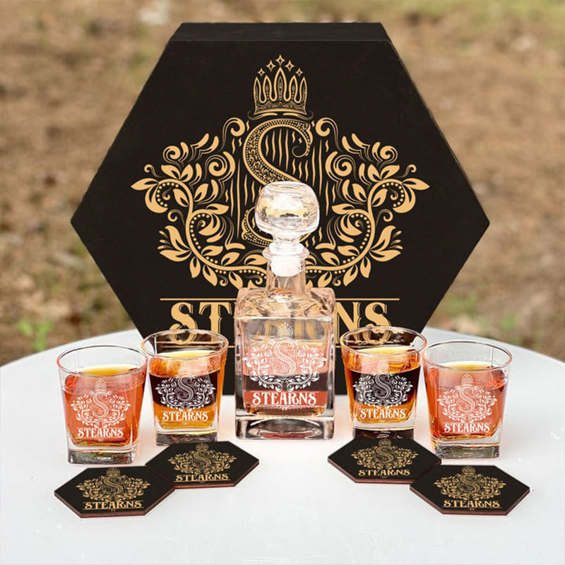 STEARNS - WHISKEY SET (Wooden box + Decanter + 4 Glasses + 4 Coasters)