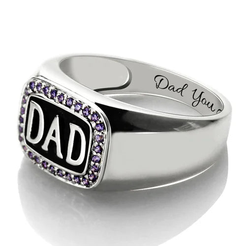 Men's Birthstone DAD Ring Platinum Plated Silver