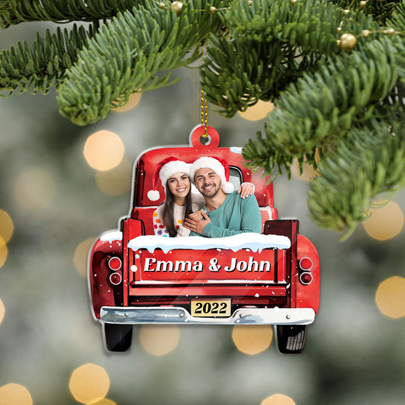 Custom Photo Red Truck, Personalized Acrylic Shape Ornament, Family Gifts