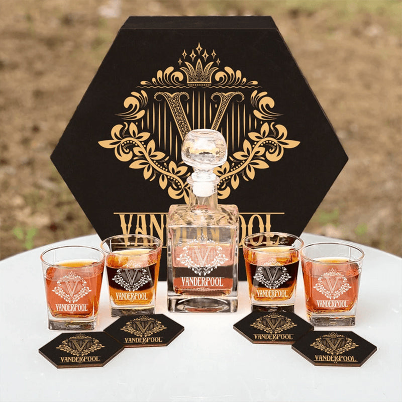 VANDERPOOL - WHISKEY SET (Wooden box + Decanter + 4 Glasses + 4 Coasters)