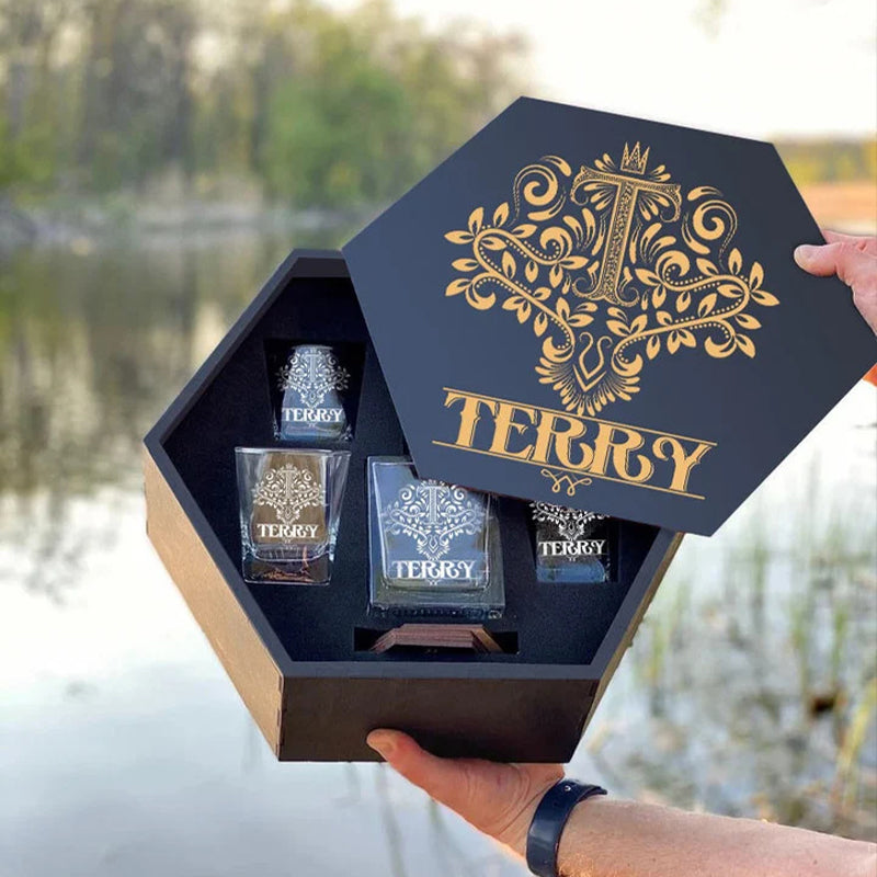 TERRY - WHISKEY SET (Wooden box + Decanter + 4 Glasses + 4 Coasters)