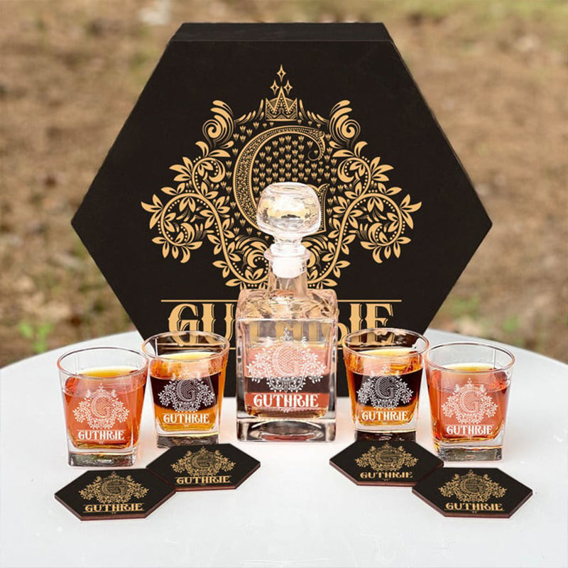 GUTHRIE - WHISKEY SET (Wooden box + Decanter + 4 Glasses + 4 Coasters)