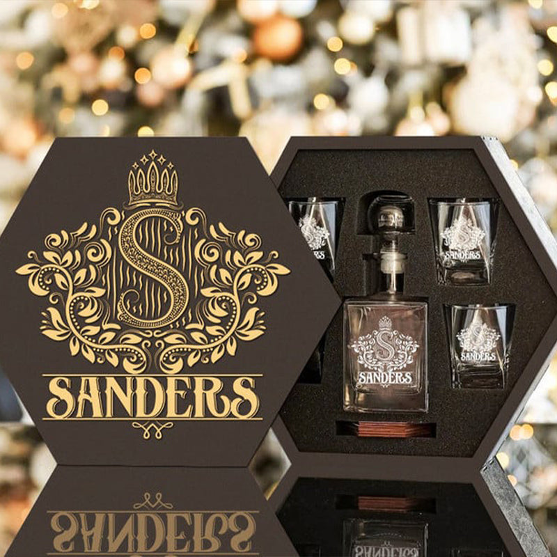 SANDERS - WHISKEY SET (Wooden box + Decanter + 4 Glasses + 4 Coasters)