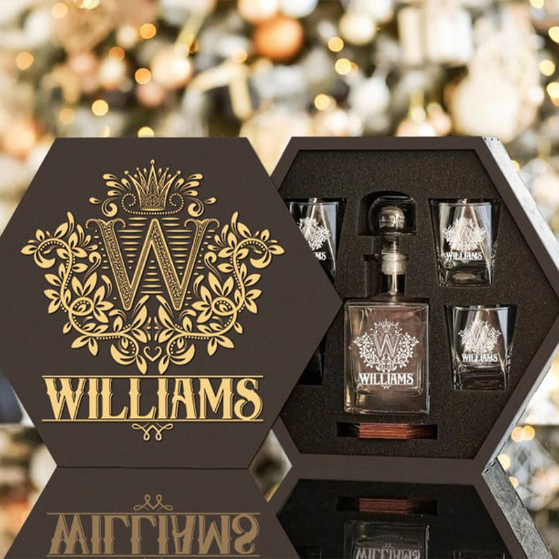 WILLIAMS - WHISKEY SET (Wooden box + Decanter + 4 Glasses + 4 Coasters)