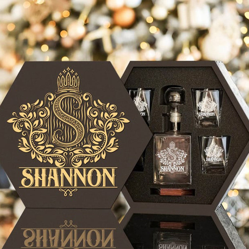 SHANNON - WHISKEY SET (Wooden box + Decanter + 4 Glasses + 4 Coasters)