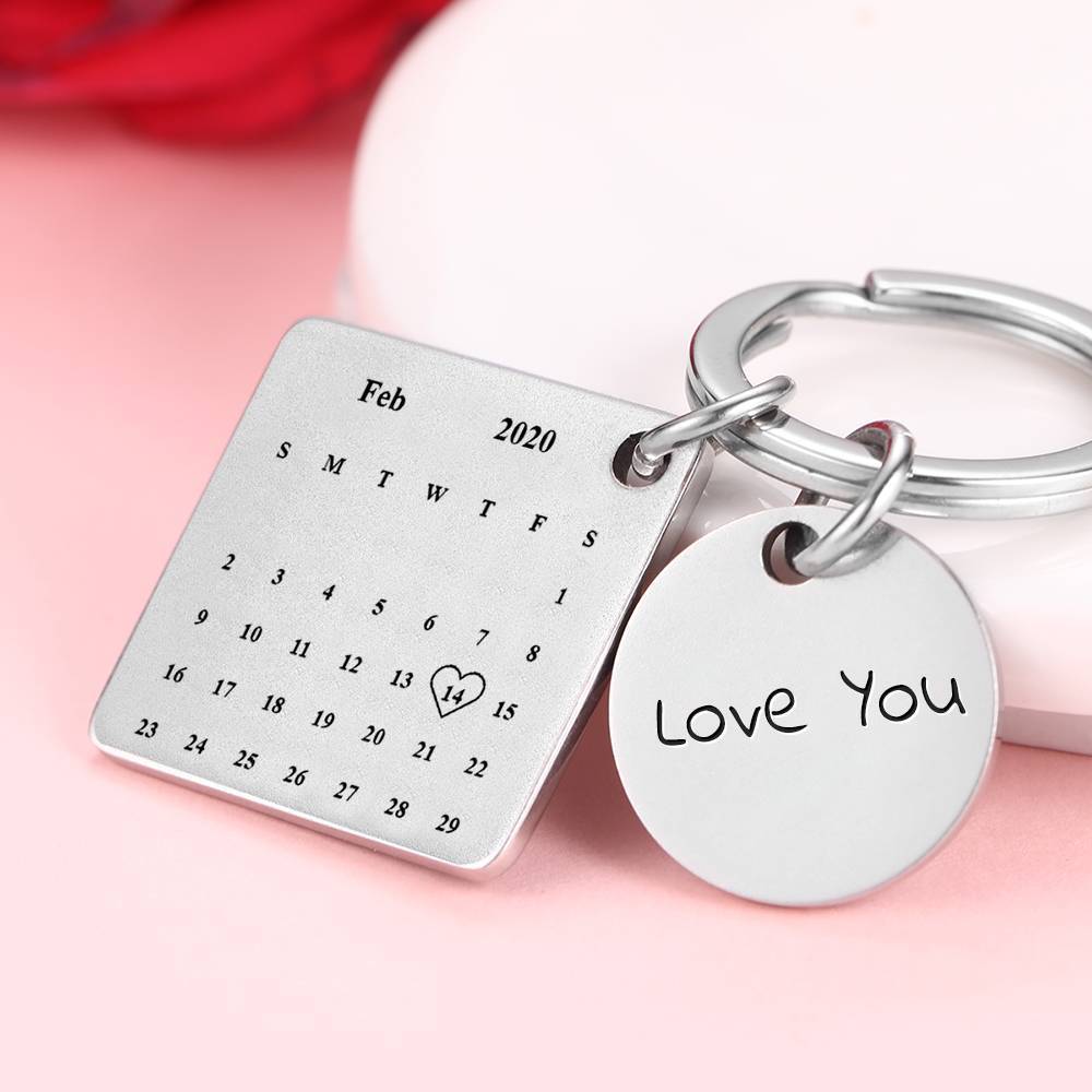 Custom Photo Engraved Calendar Silver Keyring Key Chain | Best Anniversary Gift