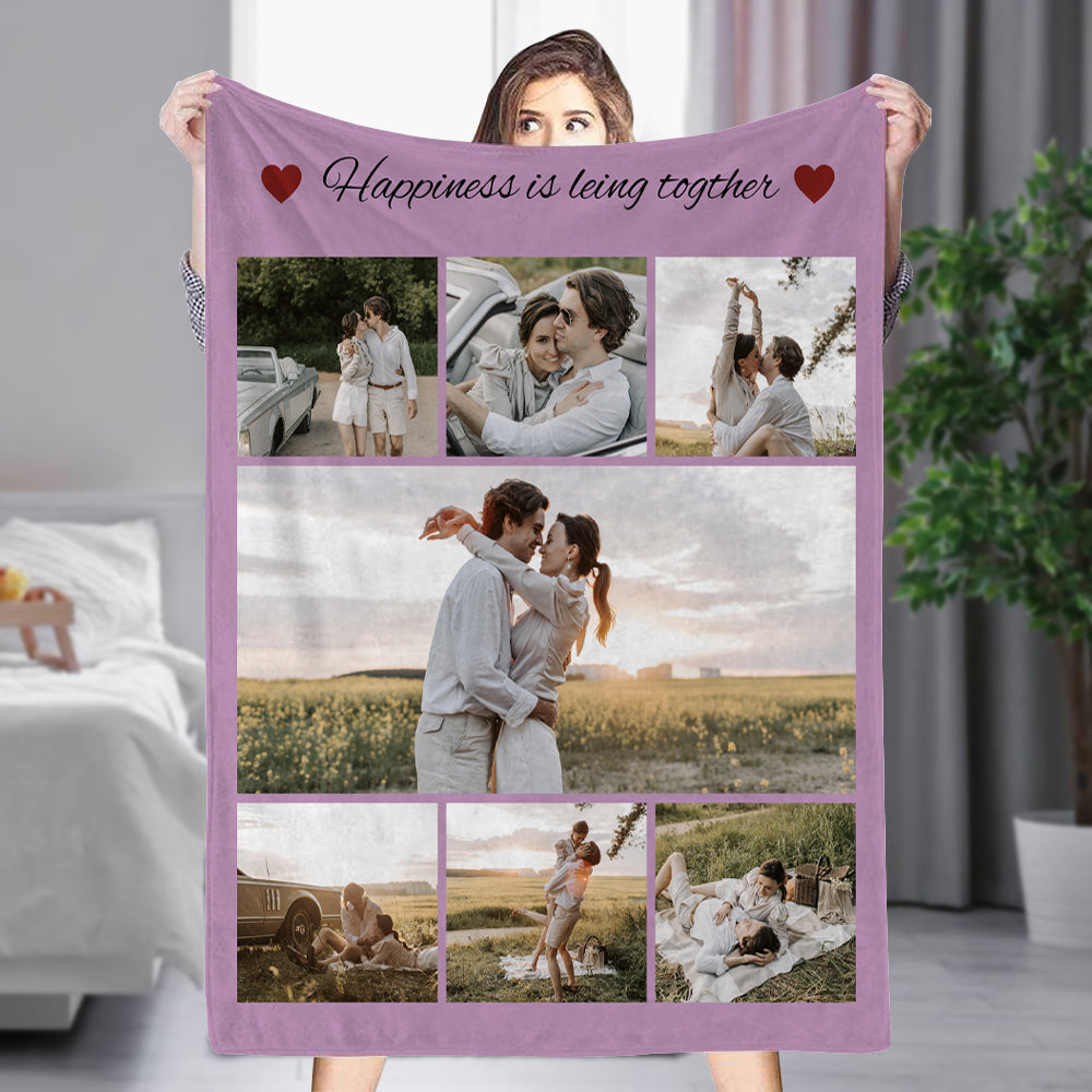 Personalized 7 Photos Blankets Fleece Throw Couple Blanket