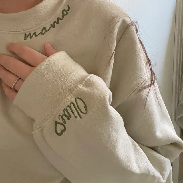 💖Custom Mama Embroidered Sweatshirt with Kids Names sleeve for Mom Mother's Day Birthday Gifts