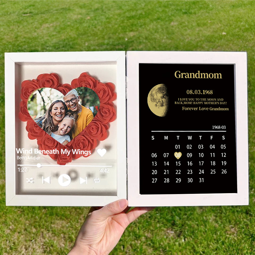 (Heart With Song) Custom Flowers Frame for Mom Grandma with REAL MOON PHASE Calendar