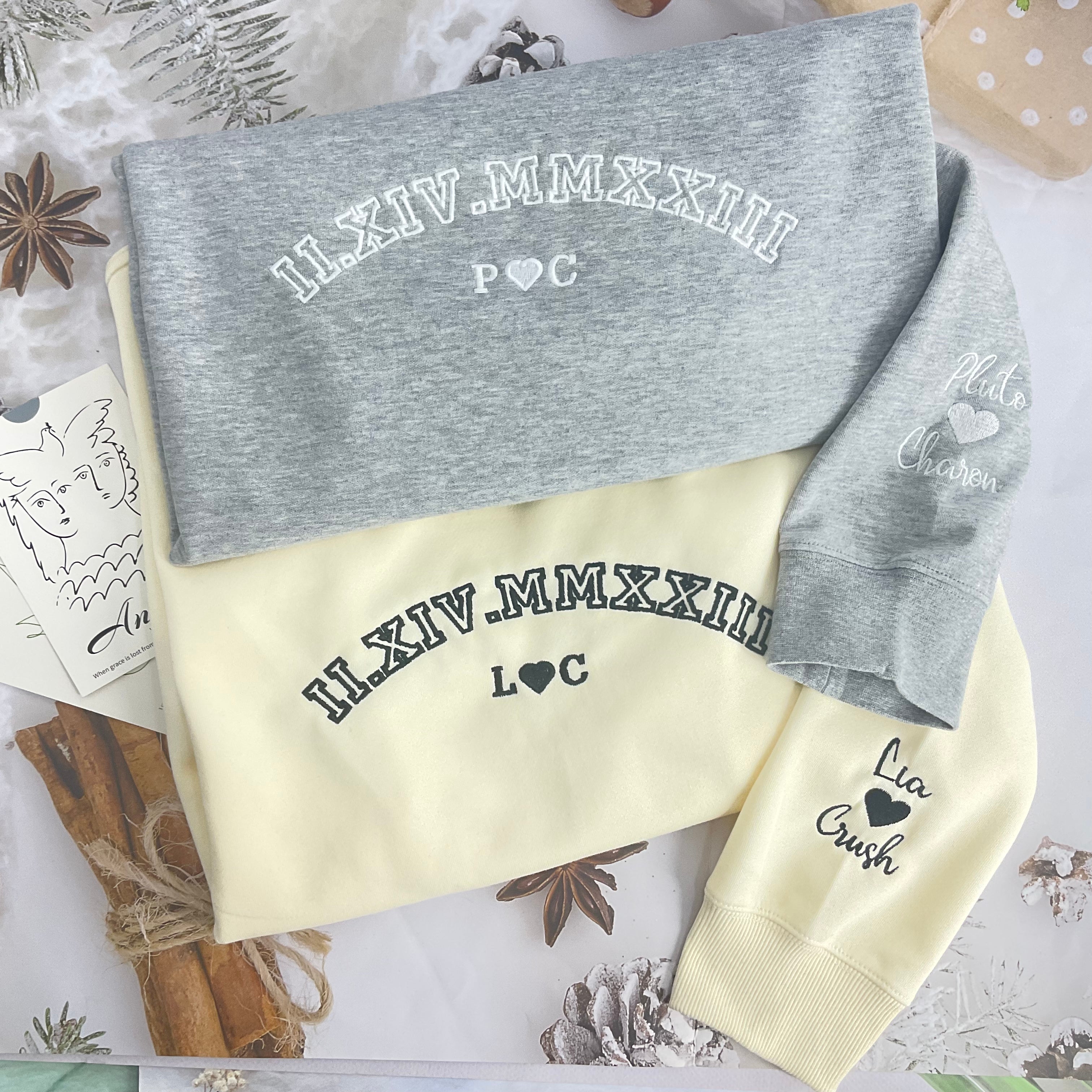 Custom Embroider Roman Numeral Crewneck Hoodie Personaliz Couples Gifts