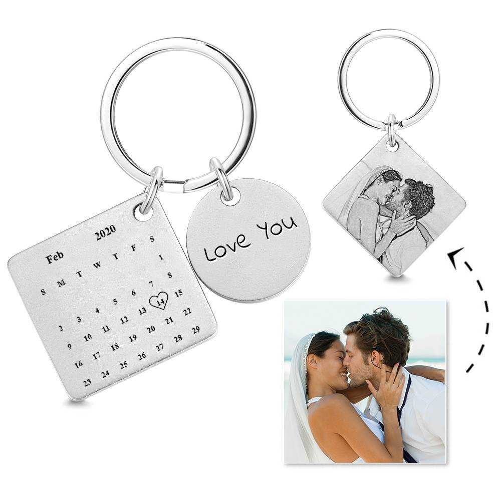 Custom Photo Engraved Calendar Silver Keyring Key Chain | Best Anniversary Gift