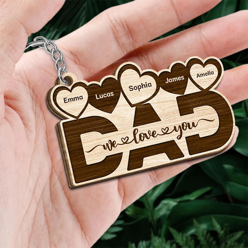 Personalized dad we love you heart wooden keychain