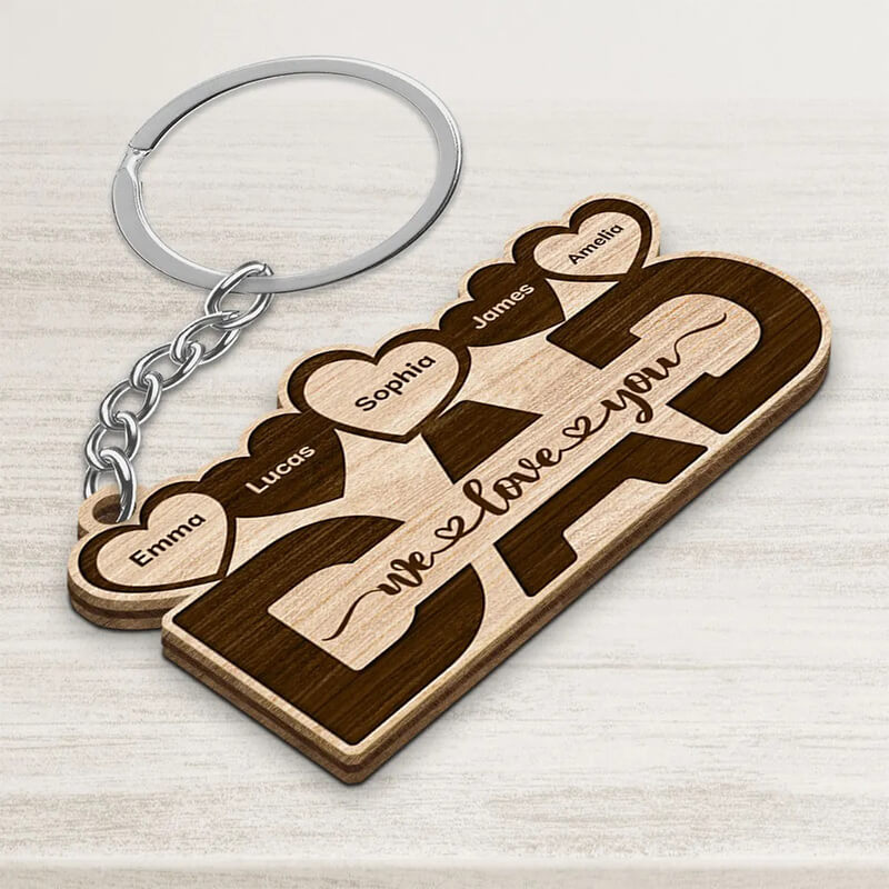 Personalized dad we love you heart wooden keychain