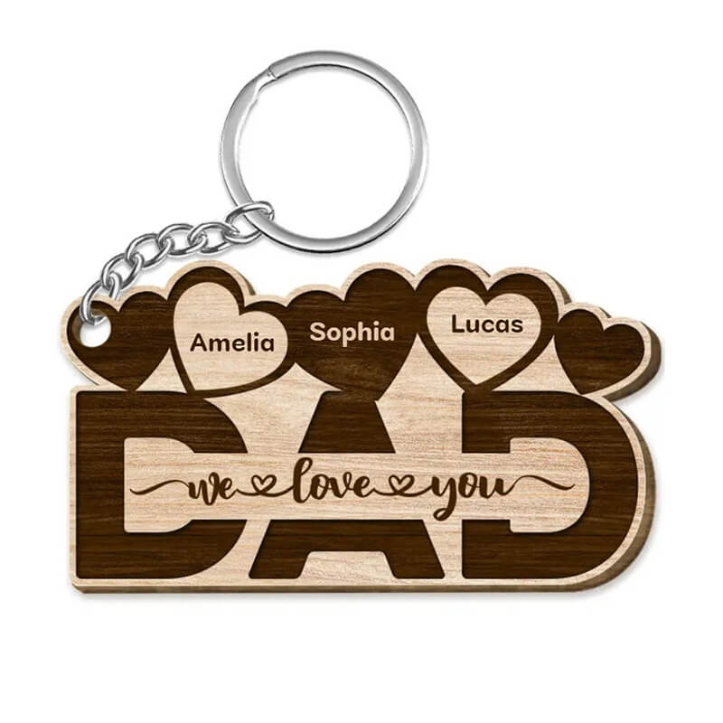 Personalized dad we love you heart wooden keychain