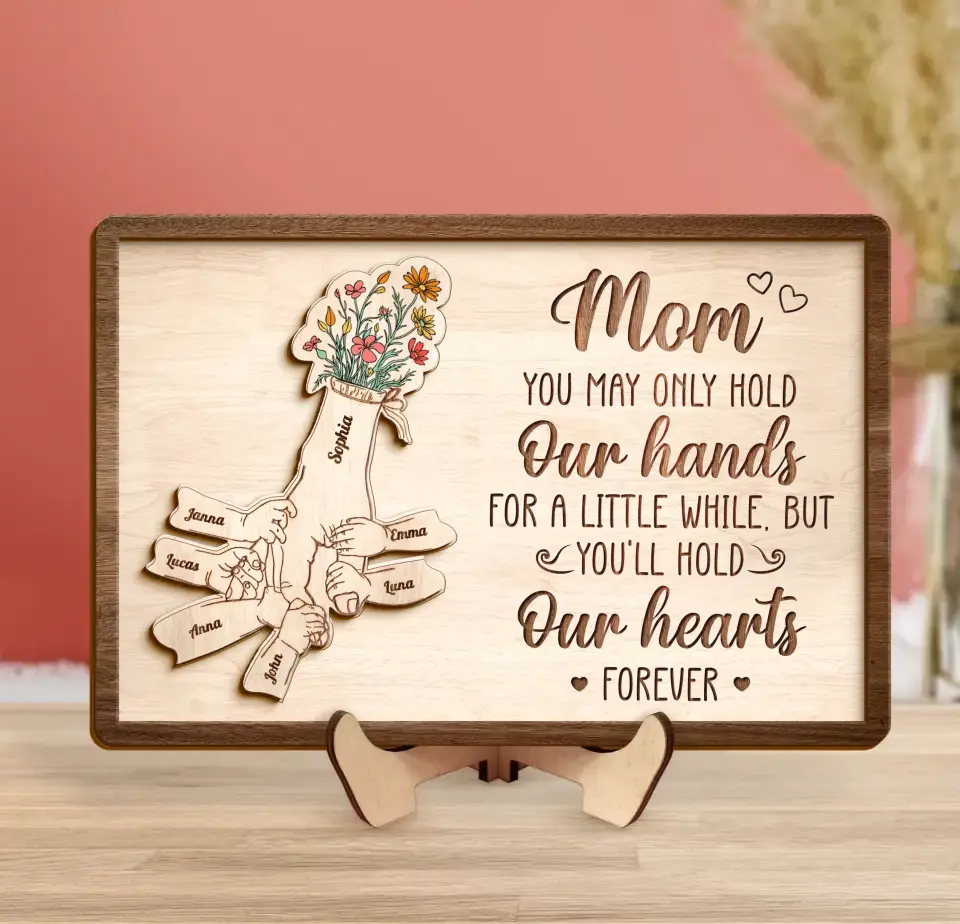 Custom Personalized Mom Custom 2 Layered Wooden Art - Upto 10 Kids - Gift Idea For Mother's Day - You'll Hold Our Hearts Forever