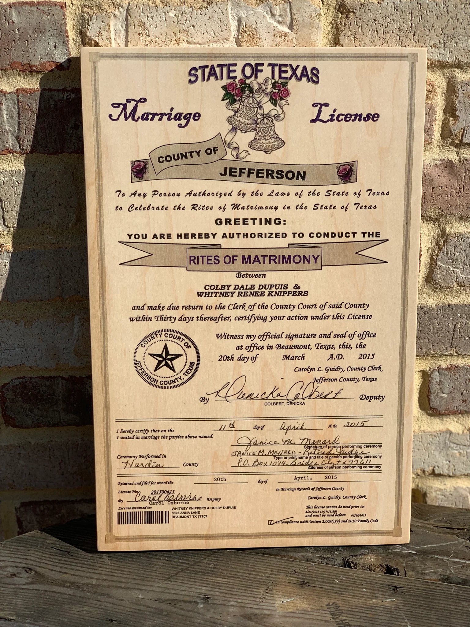 Marriage Certificates on wood