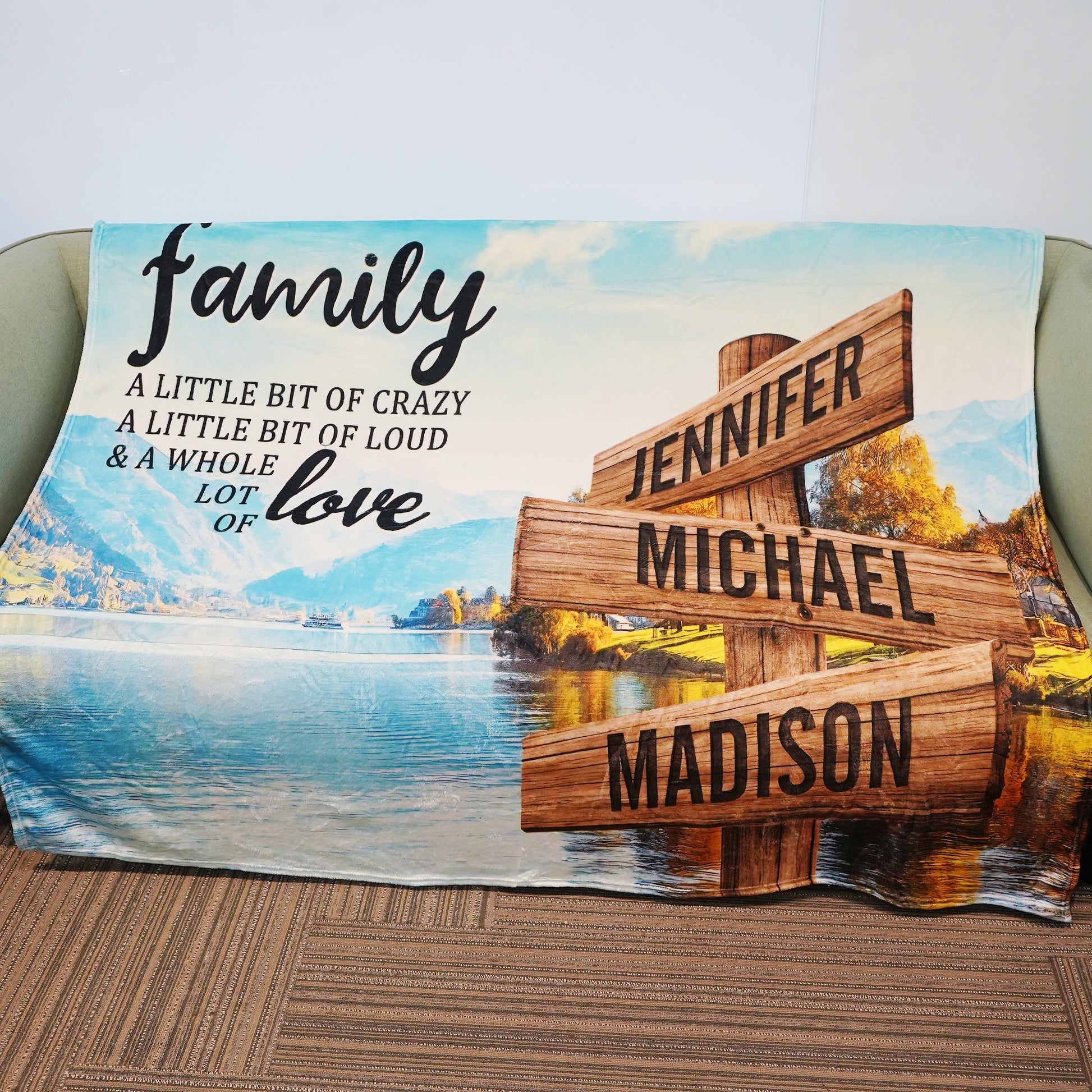 💖For Family Blanket👨‍👩‍👦‍👦Riverside Scenery Color A Little Whole Lot of Love Multi-Names Blanket