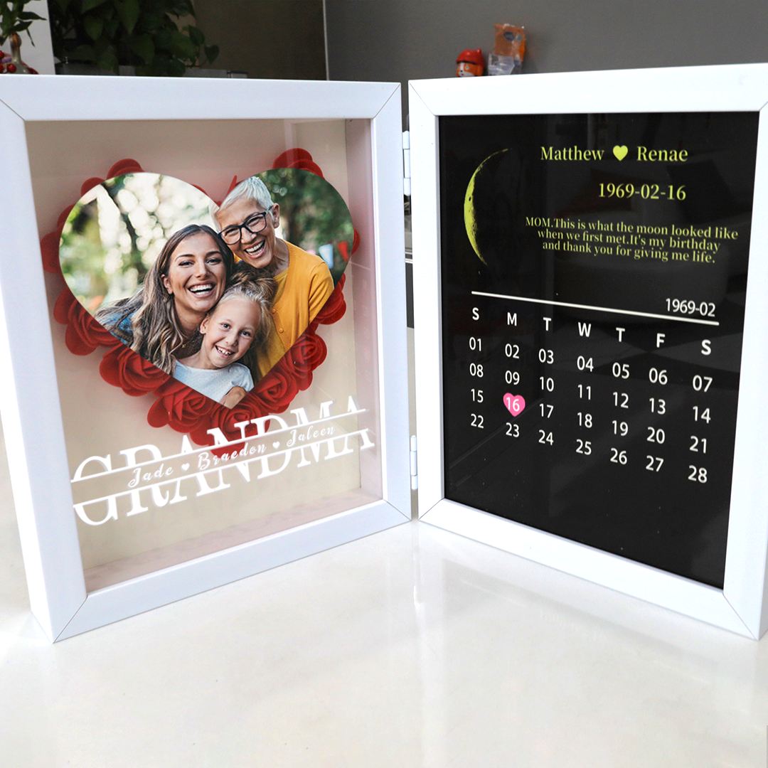 (Grandma Photo With Name) Custom flower frame with REAL MOON PHASE Anniversary Calendar