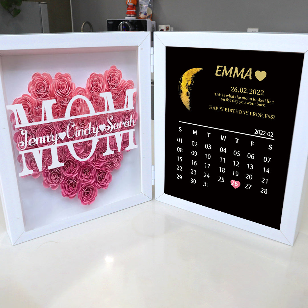 (Mom&Grandmom With Name) With REAL MOON PHASE Anniversary Calendar Custom flower frame (Customized free)
