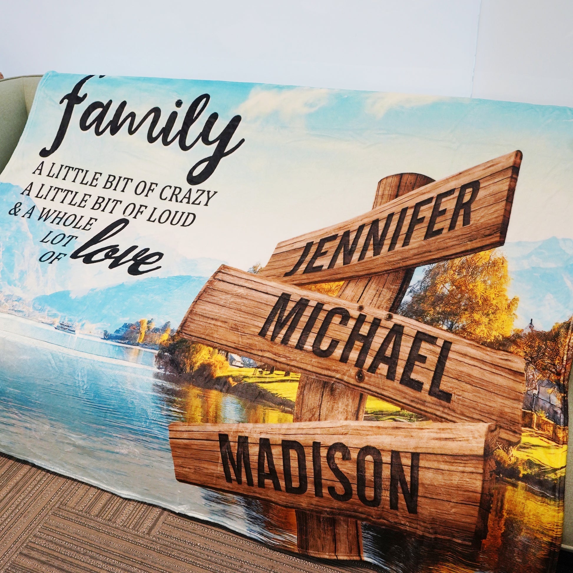 💖For Family Blanket👨‍👩‍👦‍👦Riverside Scenery Color A Little Whole Lot of Love Multi-Names Blanket