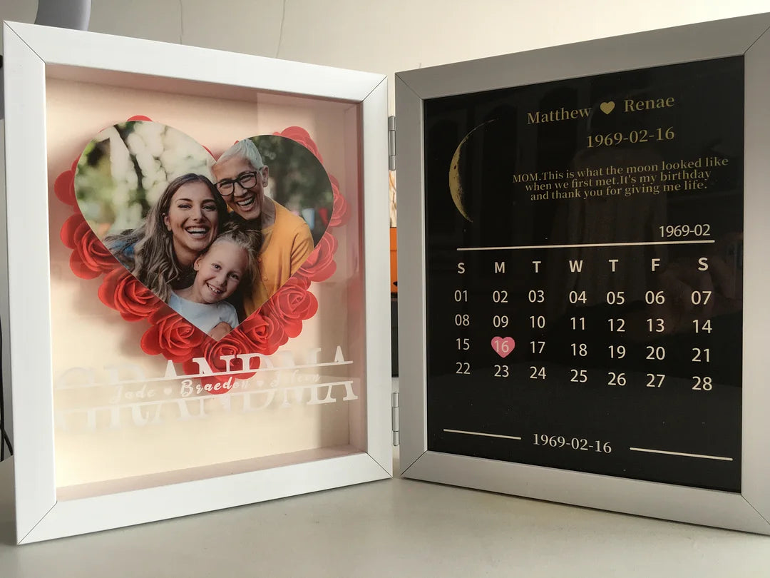 (Mom/Grandma Photo With Name) With REAL MOON PHASE Anniversary Calendar Custom flower frame (Customized free)