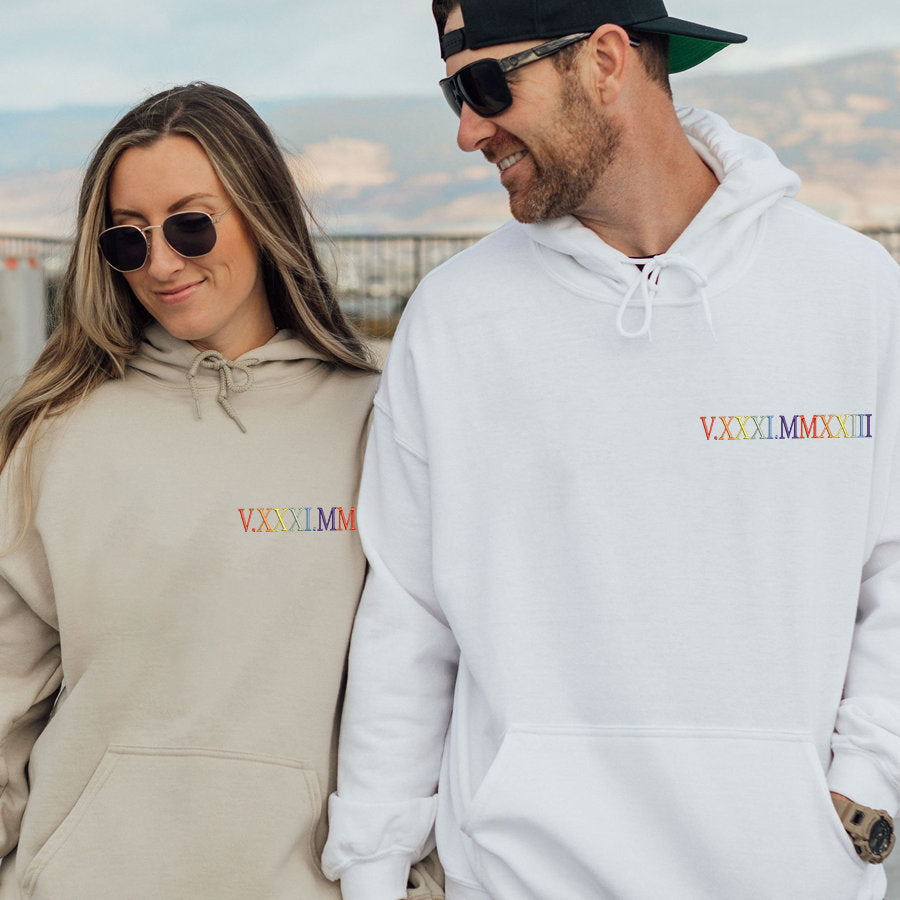 Custom Embroidered Colorful Roman Numerals Couple Sweatshirt for Valentine's Day - Buy 2 Get Free Shipping