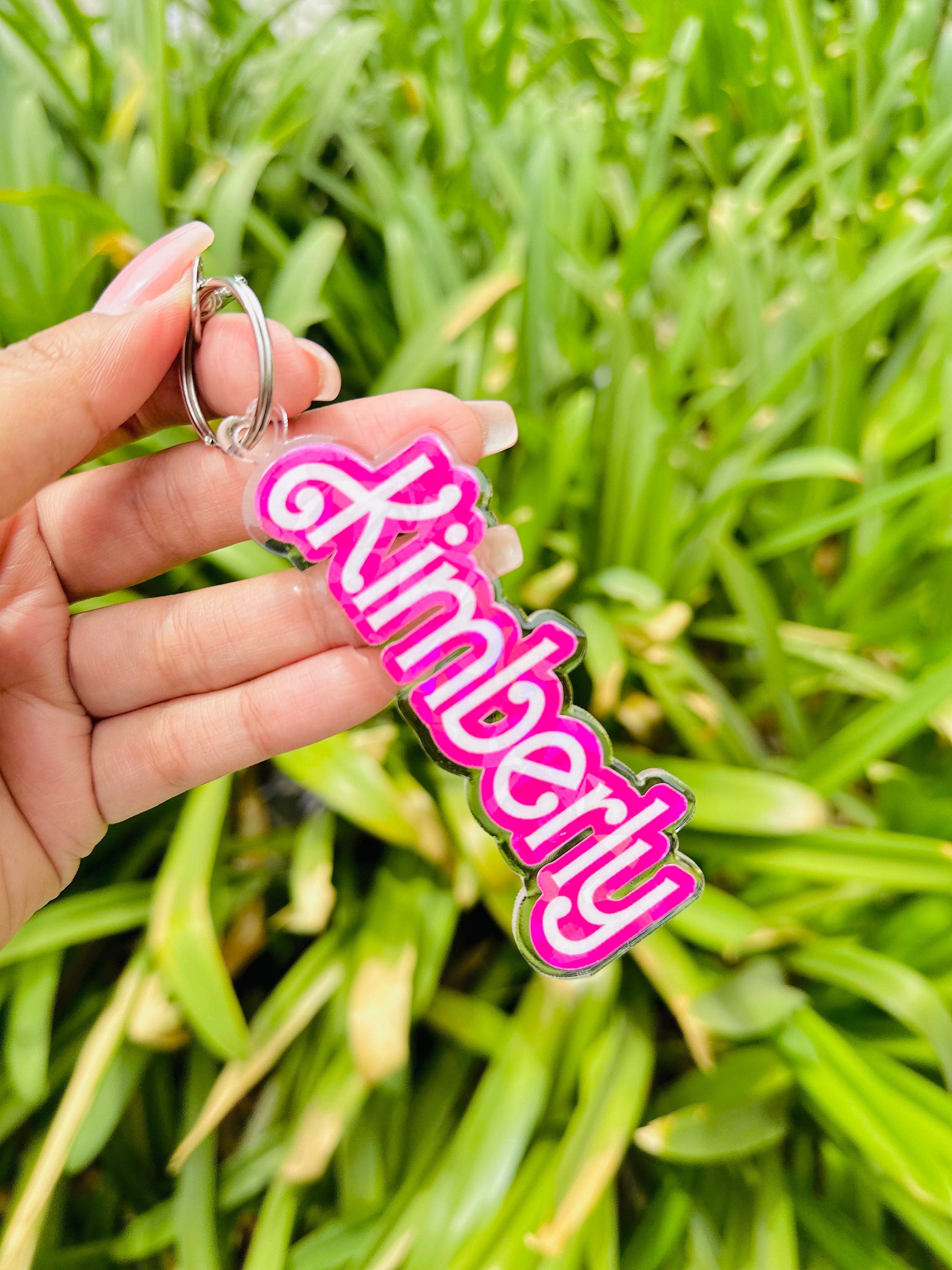 Custom Pink Name Acrylic Keychain, Let's go Party, Custom Name Keychain