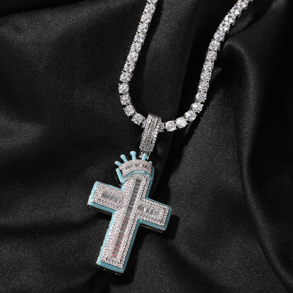 Glow in the Dark Baguette Crown Cross Pendant