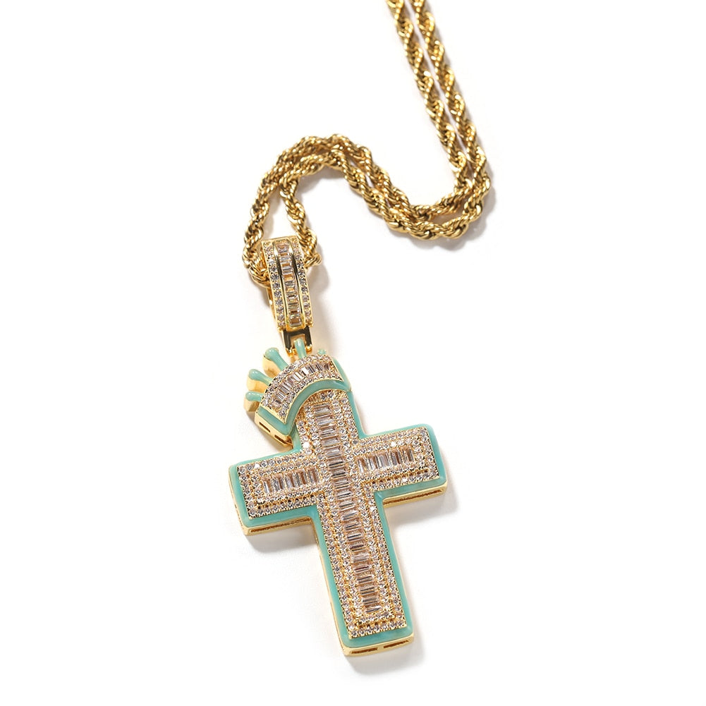 Glow in the Dark Baguette Crown Cross Pendant