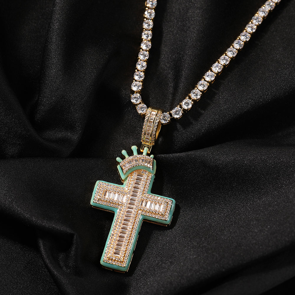 Glow in the Dark Baguette Crown Cross Pendant