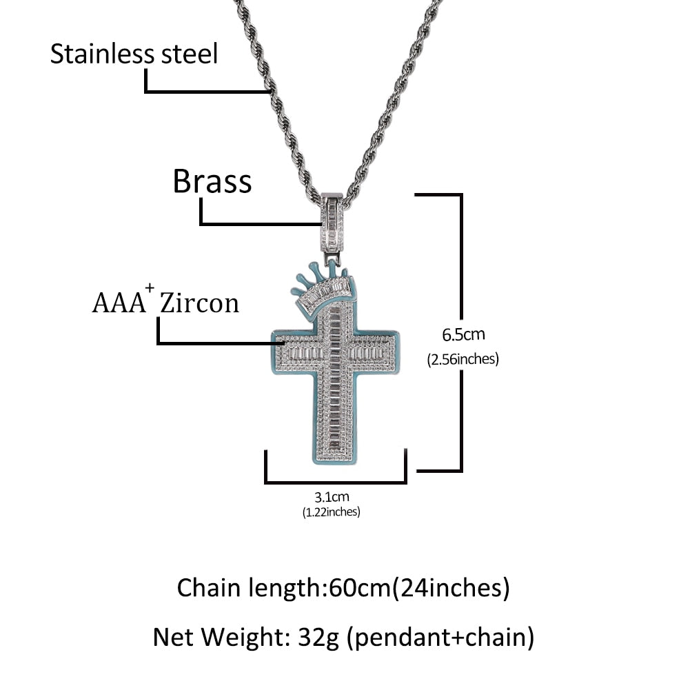 Glow in the Dark Baguette Crown Cross Pendant