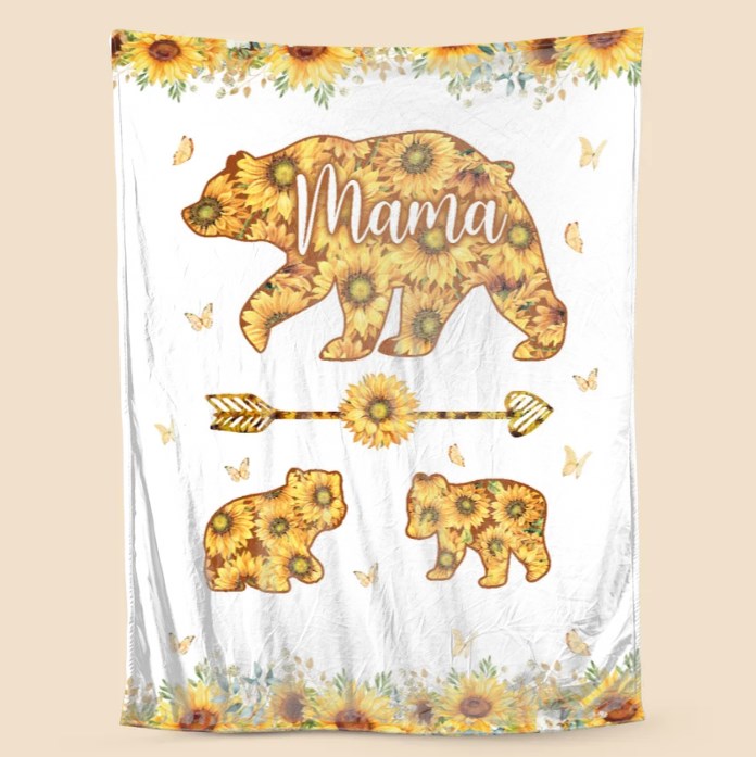 💖For Mom Blanket👩Mama Bear Sunflower - Personalized Blanket - Best Gift For Mother