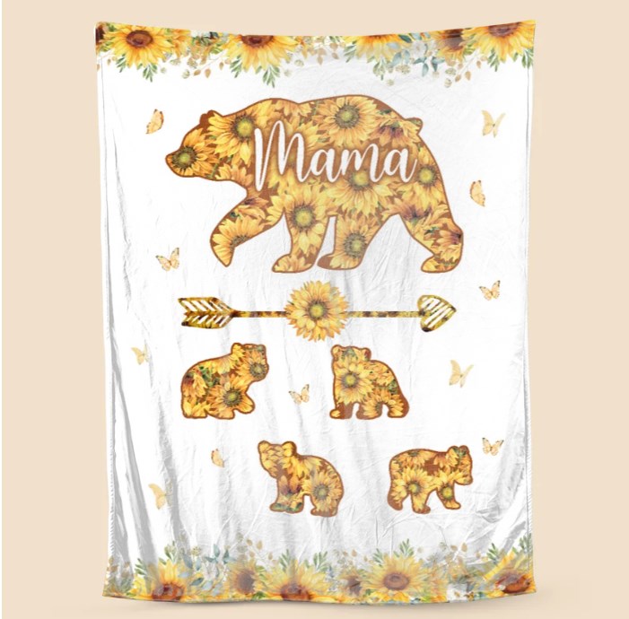 💖For Mom Blanket👩Mama Bear Sunflower - Personalized Blanket - Best Gift For Mother