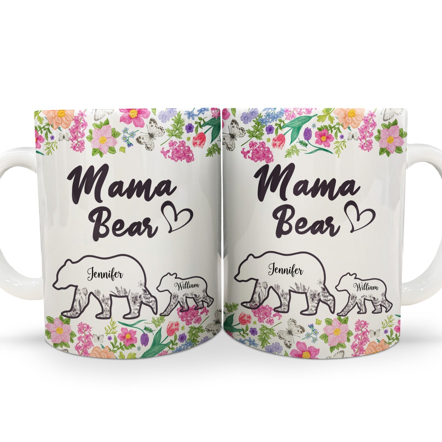 Floral Mama Bear - Gift For Mother - Personalized White Edge-to Mug