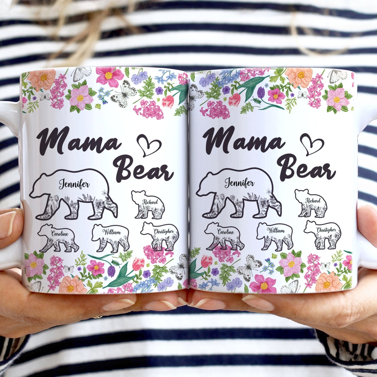 Floral Mama Bear - Gift For Mother - Personalized White Edge-to Mug