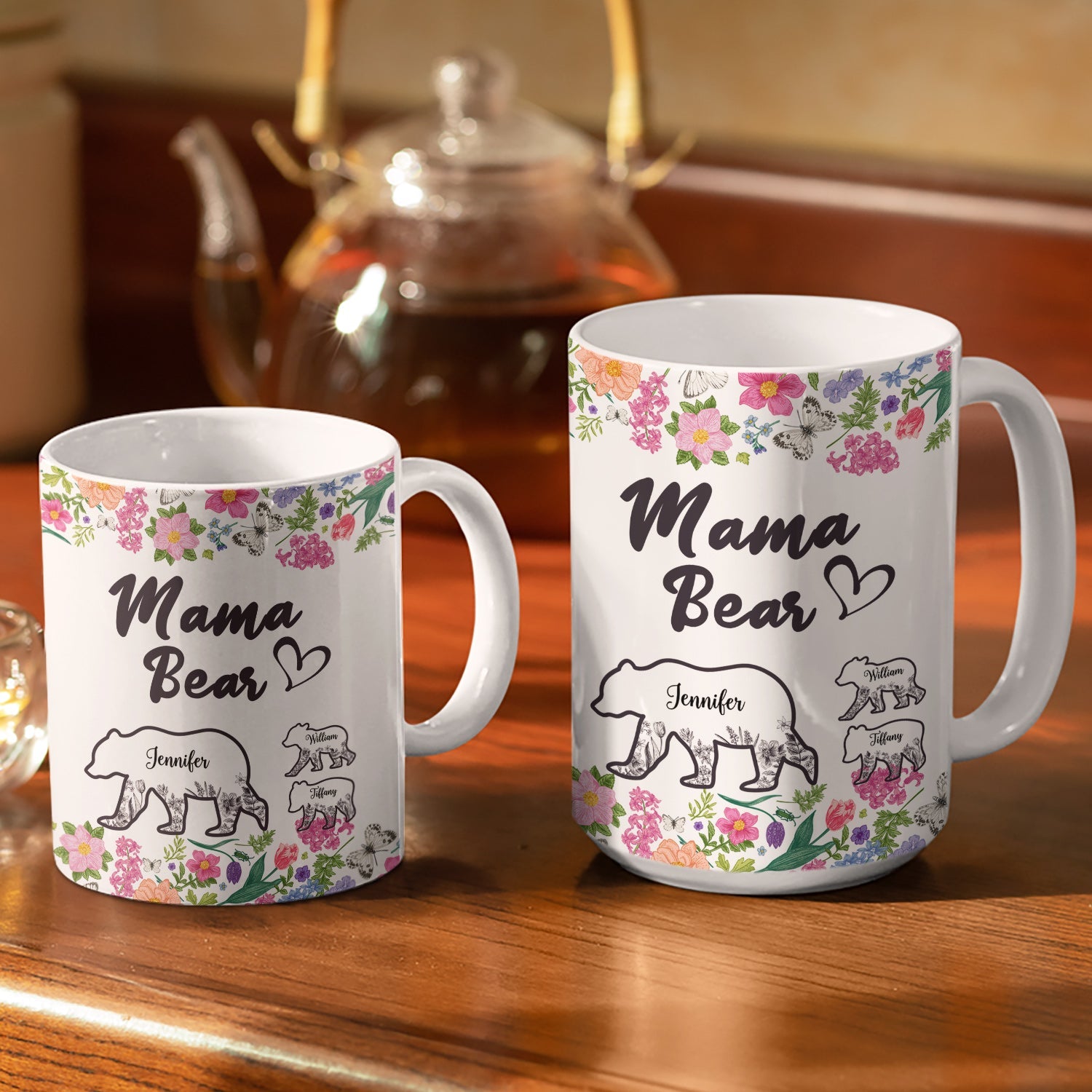 Floral Mama Bear - Gift For Mother - Personalized White Edge-to Mug