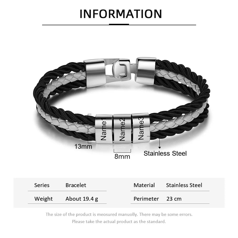 Mens Leather Bracelet Braided With 5-beads