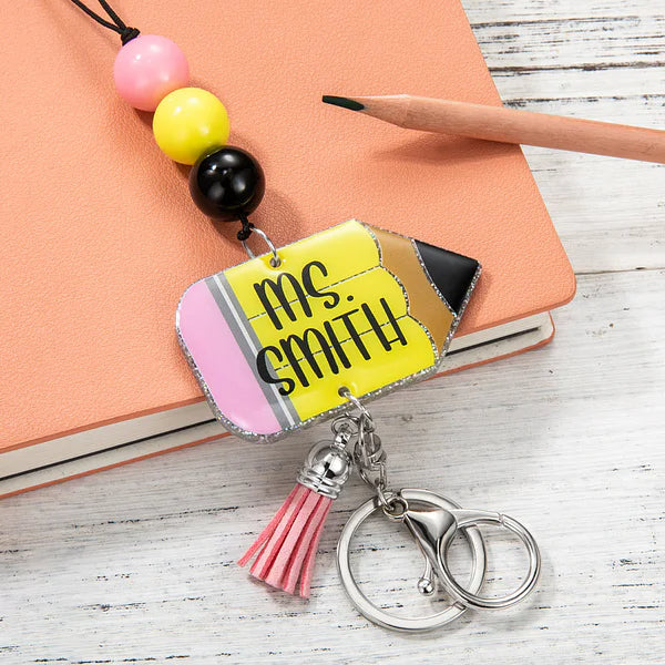 Personalized Pencil Keychain and Bage Reel Beaded Lanyard with Name for Teachers Nurse Employees Students Back to School Appreciation Gift