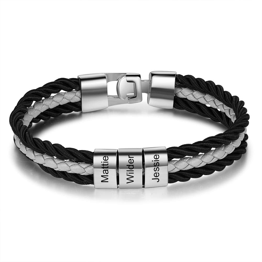 Mens Leather Bracelet Braided With 5-beads