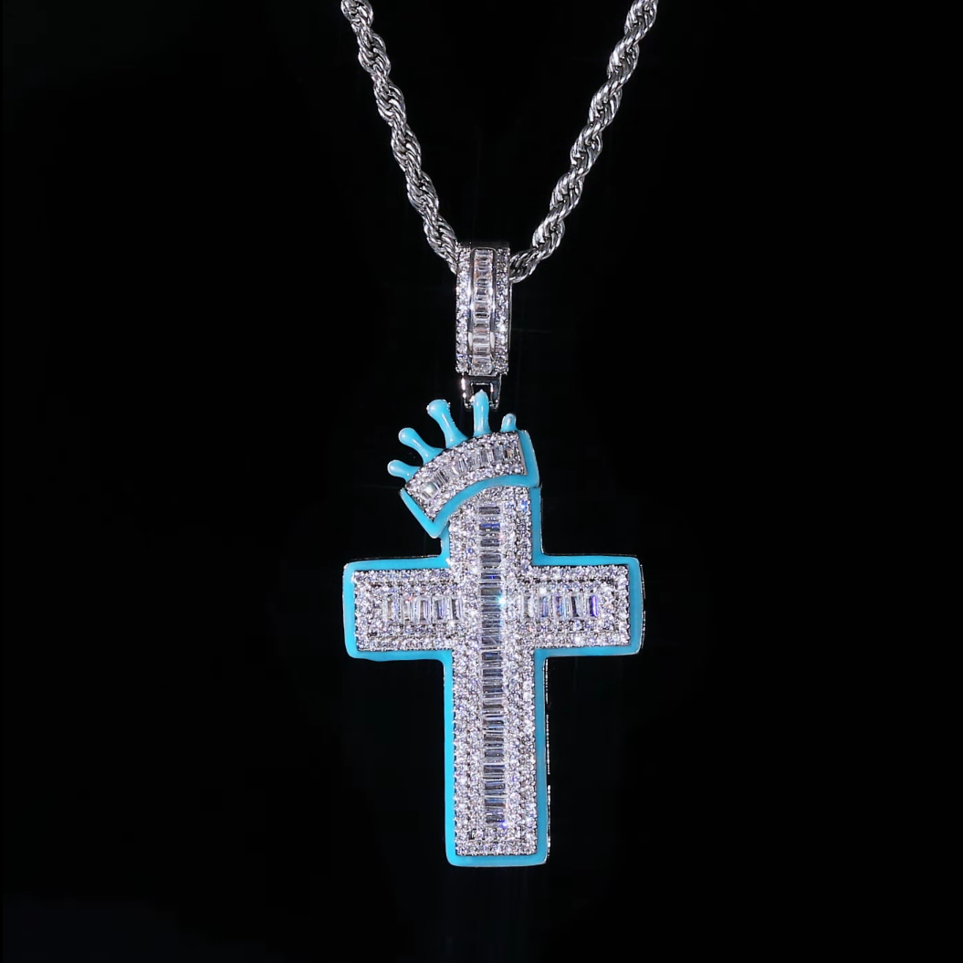 Glow in the Dark Baguette Crown Cross Pendant