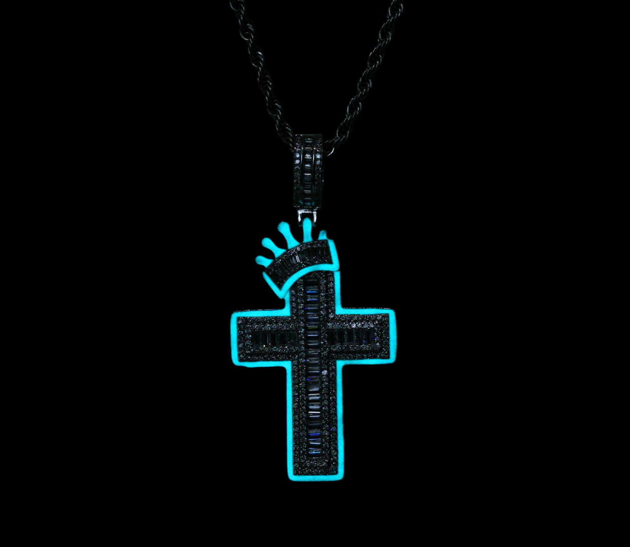 Glow in the Dark Baguette Crown Cross Pendant