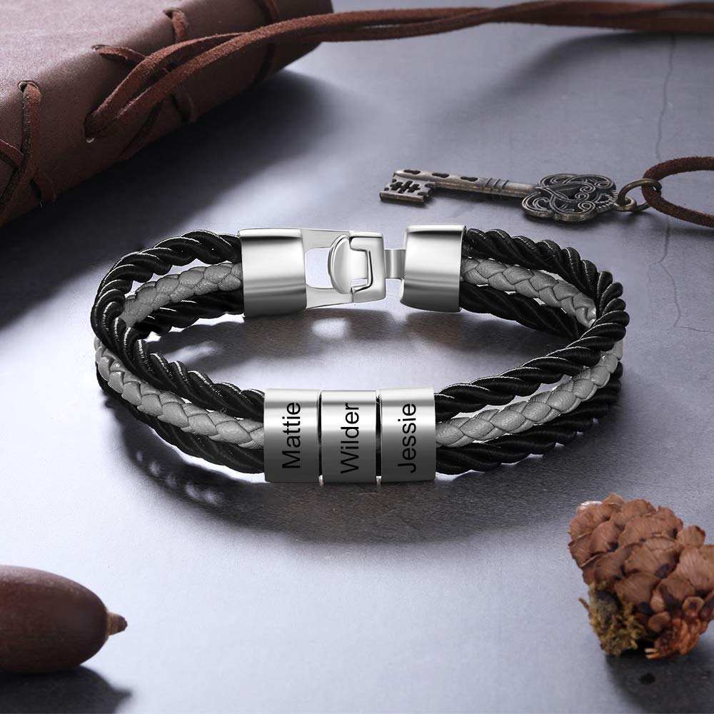 Mens Leather Bracelet Braided With 5-beads