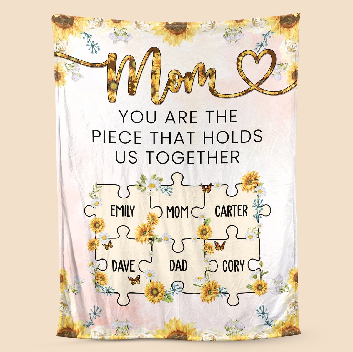 💖For Mom Blanket👩Sunflower Mom You Are The Piece That Holds Us Together - Personalized Blanket - Best Gift For Mother